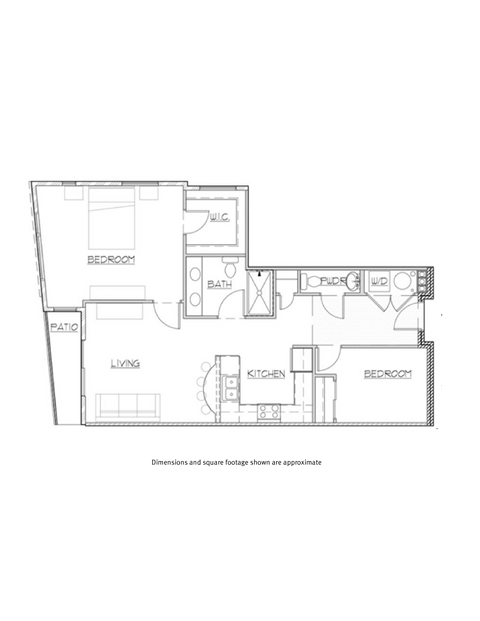 A black and white floor plan of a house with a living room, kitchen, dining room, and two bedrooms.